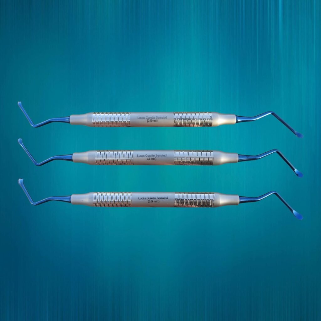 Lucas Curette Serrated Set of 3 sizes 2.5mm 3mm 3.5mm titanium-coated dental surgical instruments by Flexibite